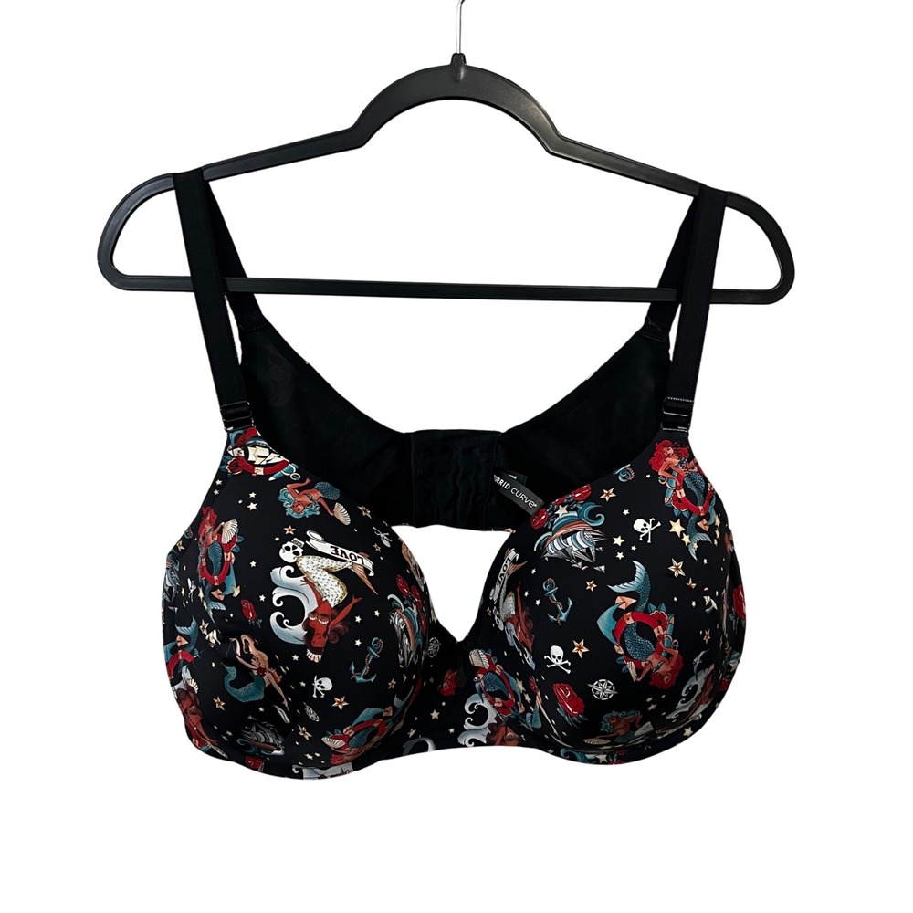 Torrid Curve Black Tattoo Mermaid Pinup Nautical Print Bra 46DD
